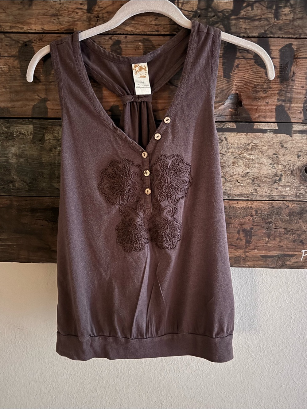Anthropologie Bought Brown Embroidered V-Neck Tank